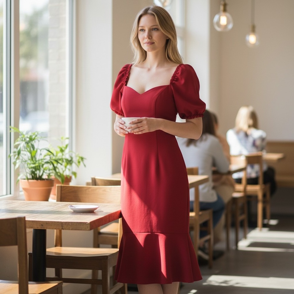 Trendyol Midi Dress Women 40 Red Excellent Puff Sleeve Mermaid Sweetheart